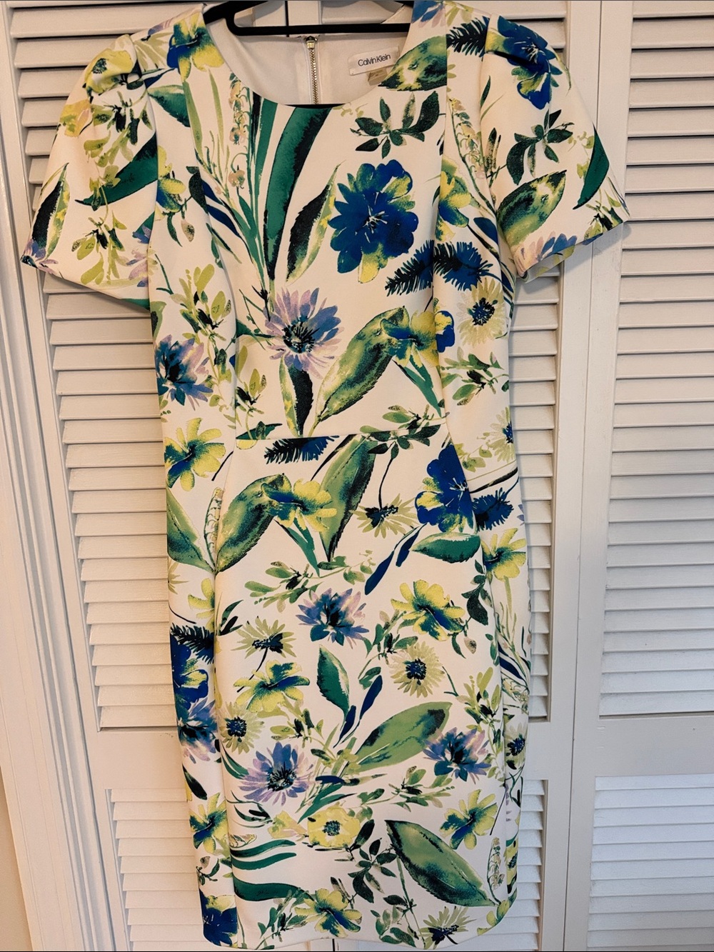 Calvin Klein White Floral Sheath Dress with Blue & Green Print Size 10